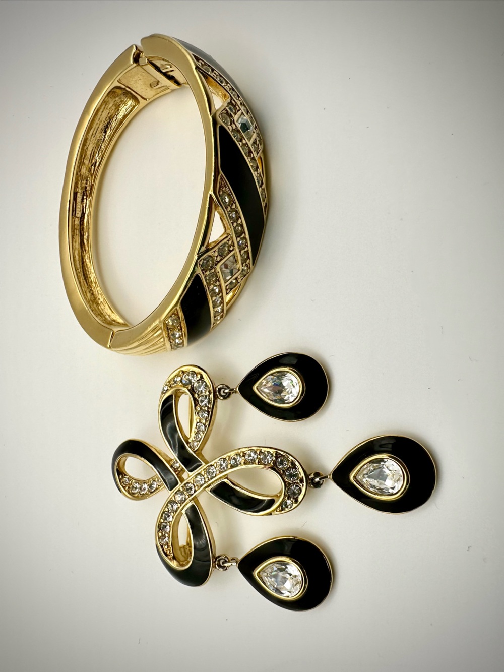 Vintage Signed Trifari Gold-tone Bracelet and Pendant, Black Enamel and Crystal